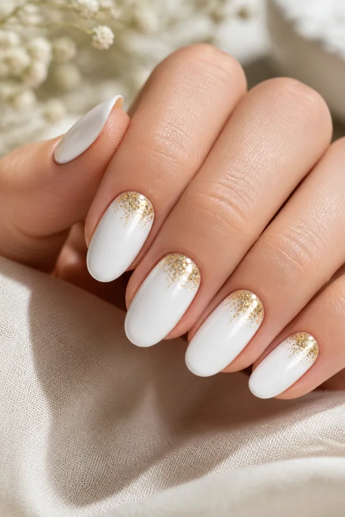 Medium oval nails with a solid glossy white base. Near the cuticle, small gold confetti flecks are scattered in a tight cluster, like tiny metallic specks. The rest of the nail is clean white with no clutter.
