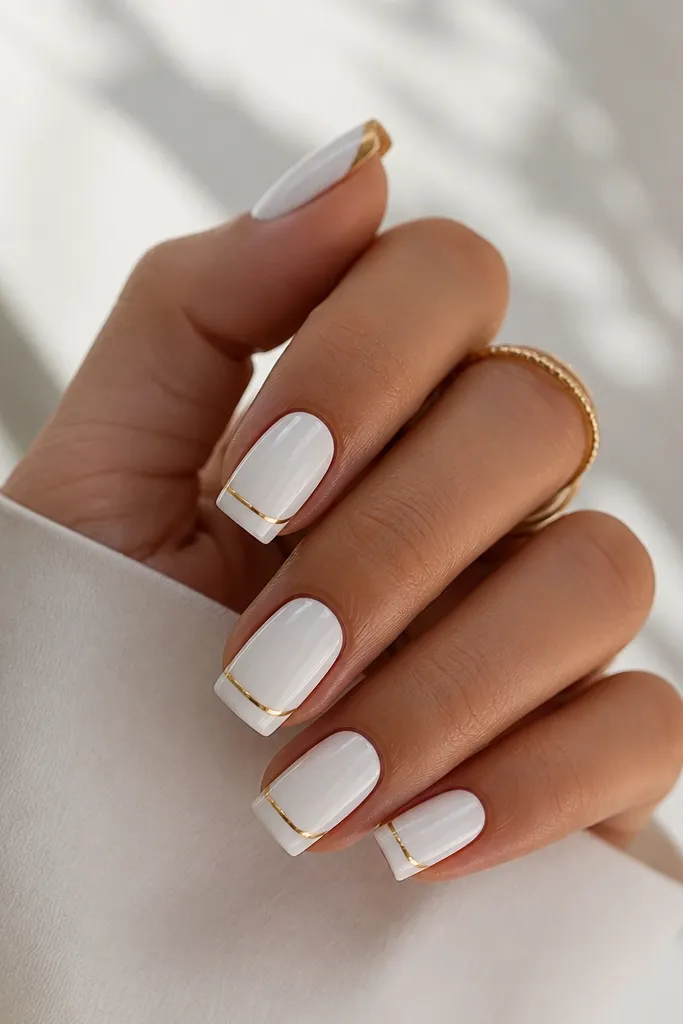 Long squoval nails with a solid white base. The tip has a gold half-outline that follows the top half of the French curve, leaving the lower curve white. Glossy finish.