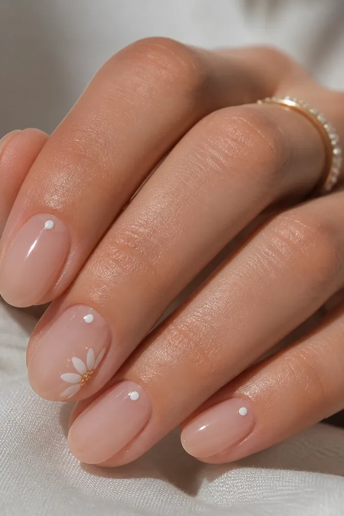 Short almond nails with a sheer nude base. One nail has a white daisy on the side, with small gold dot centers. Other nails stay plain nude or have a tiny white dot near the cuticle. Glossy finish.