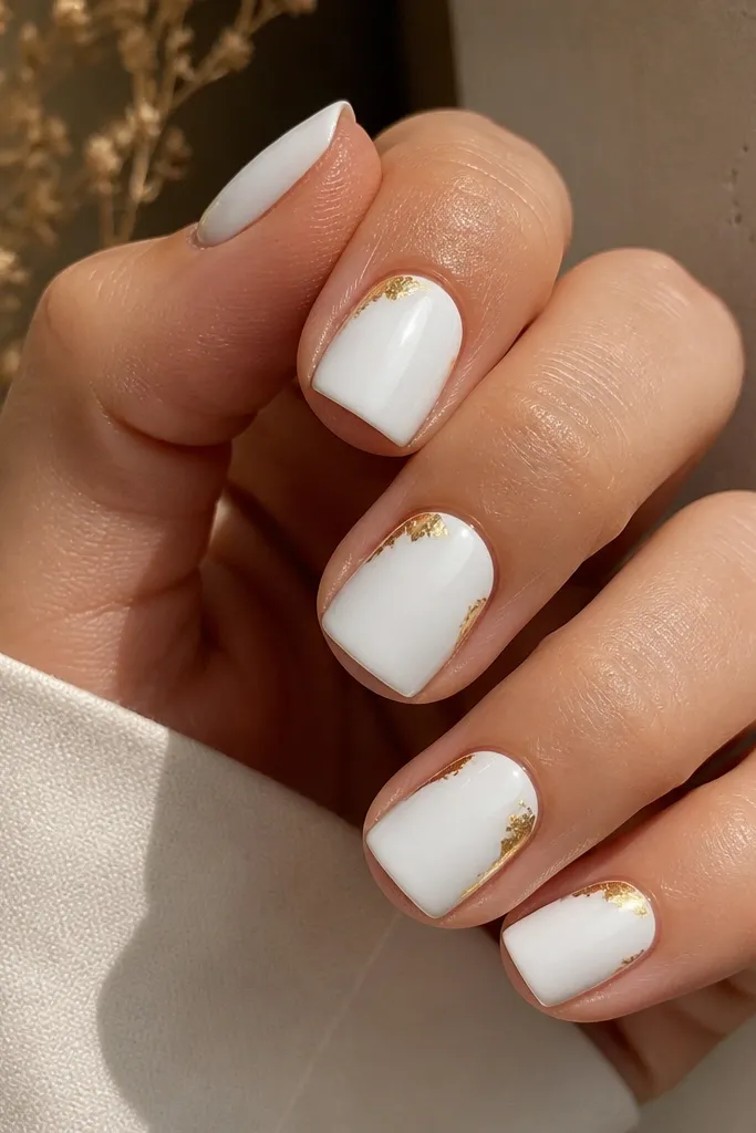 Medium short square nails with a crisp opaque white base. On two corners of each nail (upper left or upper right), thin gold leaf sits like a small diagonal corner detail. Glossy top coat.