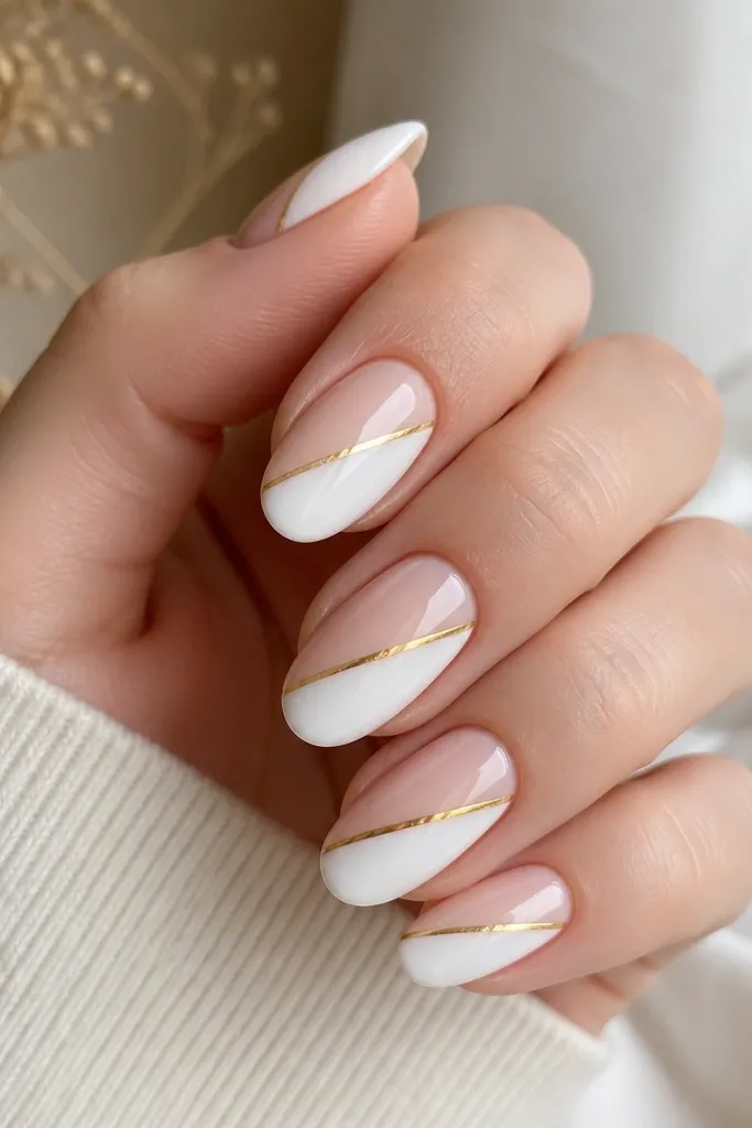 Medium oval nails with a diagonal split: one side is opaque white and the other side is sheer nude with a thin gold diagonal line separating them. The gold line runs from lower left to upper right. Glossy finish.