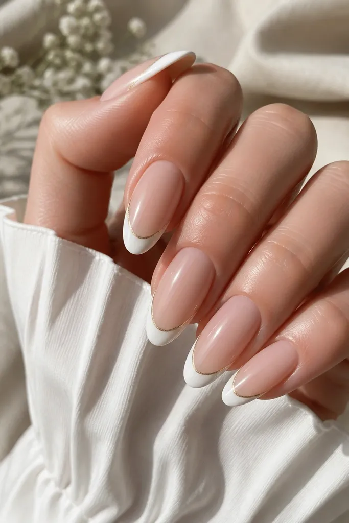 Almond nails with a sheer nude base. The tips are white, and inside the white tip there's a very thin gold French line closer to the center. Glossy top coat makes both layers look smooth.