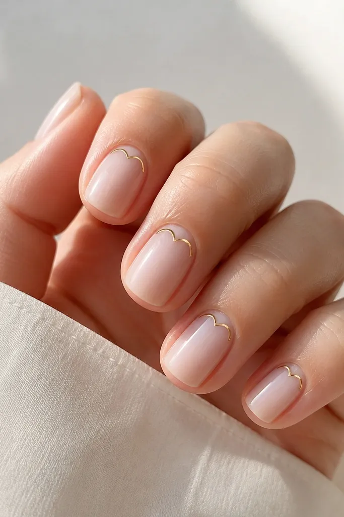 Short rounded nails with a milky white jelly base that looks slightly translucent. On each nail, a small gold outline shape sits near the cuticle, like a thin heart or curved bracket. Glossy finish.