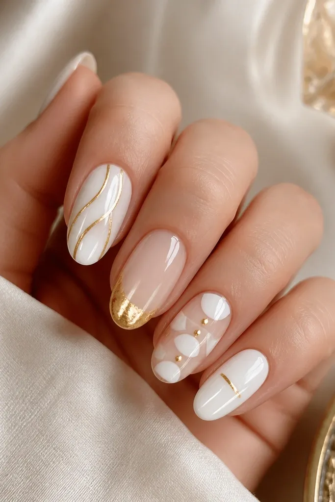Five nails with different but coordinated patterns: one has a white base with gold stripe, another has a gold foil edge, another has white half-moons with gold dots, and two are mostly white with tiny gold lines. All nails share a consistent white-and-gold theme and glossy shine.