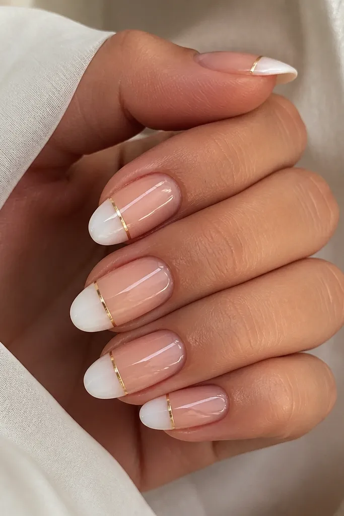 Medium oval nails with a soft white ombré at the tips fading into a nude base. A thin gold line sits where the ombré starts, like a metallic horizon. Glossy finish.