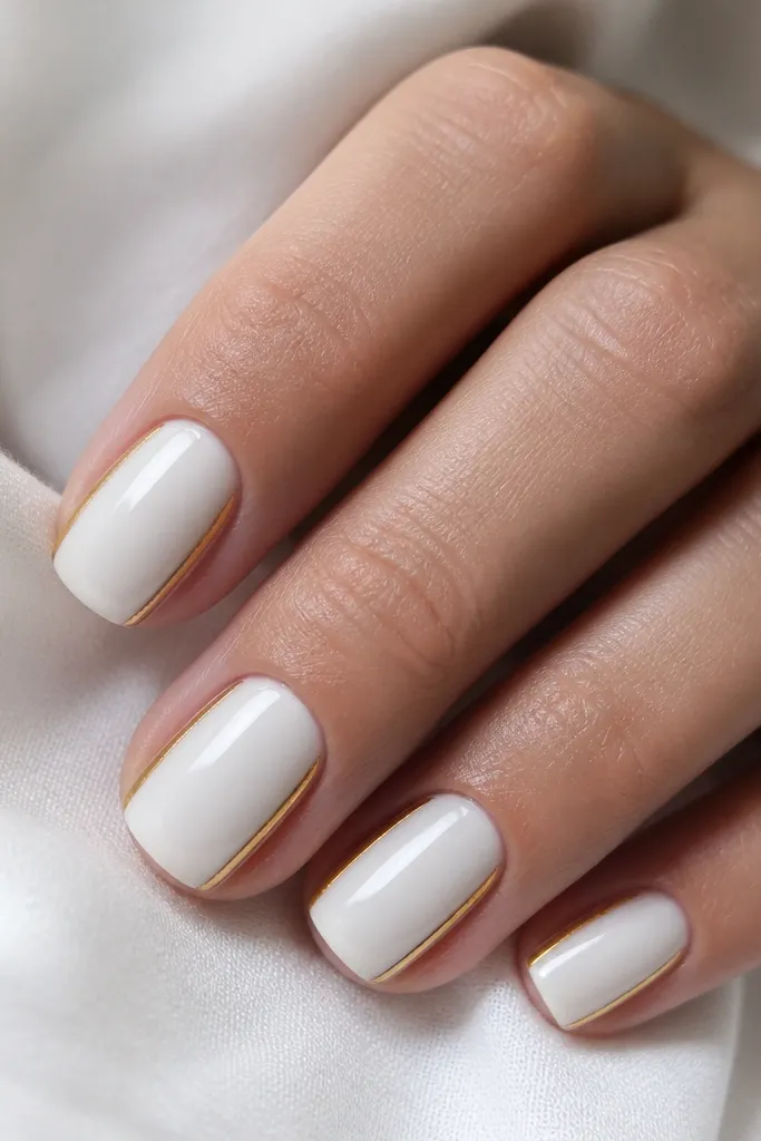 Short squoval nails with a glossy white "skin" that covers most of the nail but leaves a narrow clear border along each side. A thin gold foil edge runs along the side border. Glossy finish.