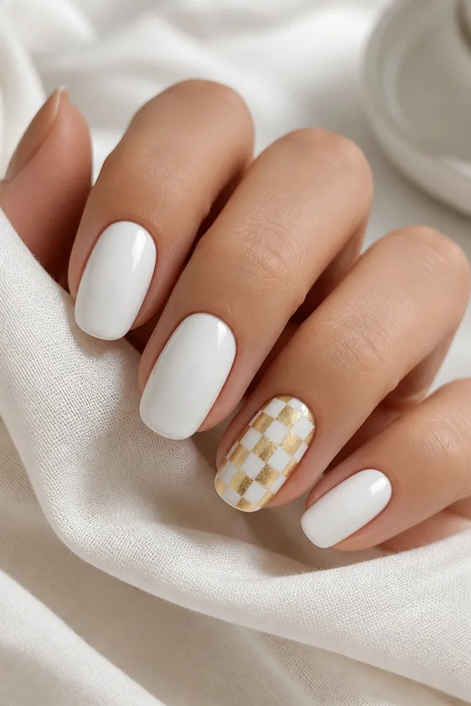 Mostly solid white nails with glossy shine. One accent nail has a small checker pattern in white and gold squares near the center. The rest of the nails have no pattern. Gold and white match perfectly.
