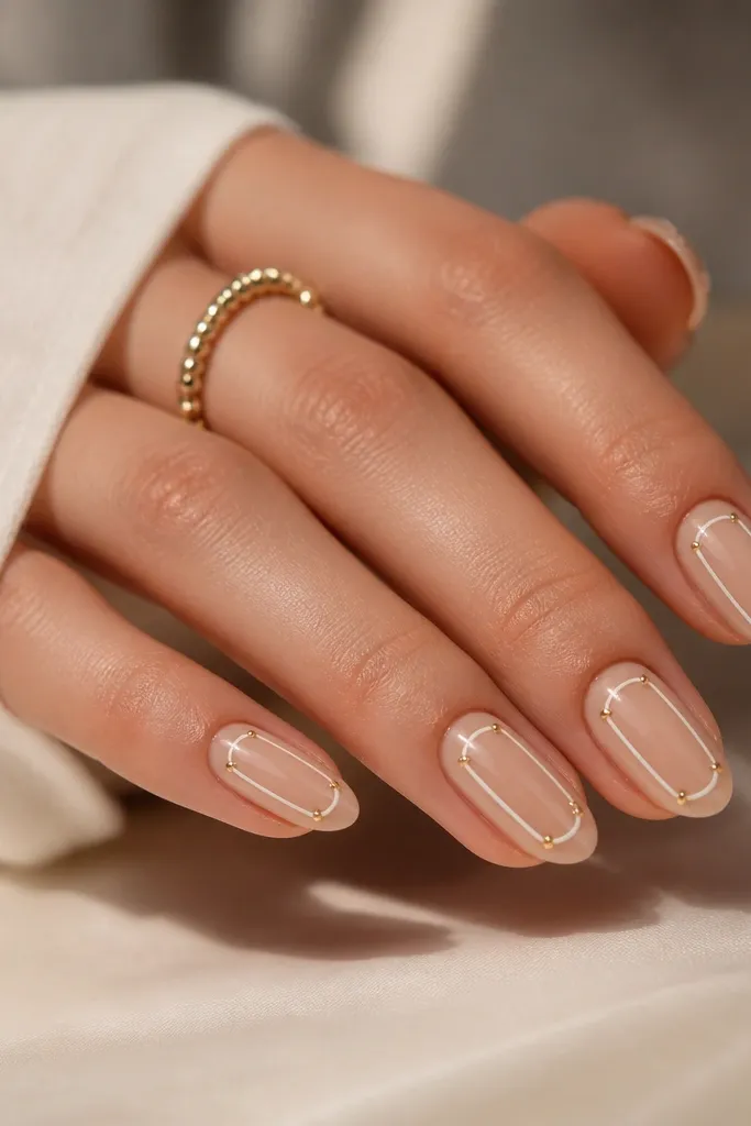 Medium almond nails with a sheer nude base. Each nail has a thin white line rectangle frame drawn around the center area. The four corners of the rectangle are capped with tiny gold dots or gold corner shapes. Glossy top coat.
