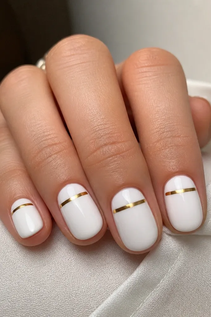 Short rounded nails with a glossy white base. A single horizontal gold bar sits across the middle of each nail, slightly off-center toward the cuticle. Glossy finish, with crisp edges on the gold bar.