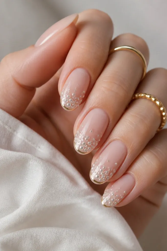 Medium oval nails with a sheer nude base. Near the free edge, there's a gradient of tiny white pearl dots that get denser toward the tip. At the very tip edge there's a thin gold line. Glossy top coat over the pearls.