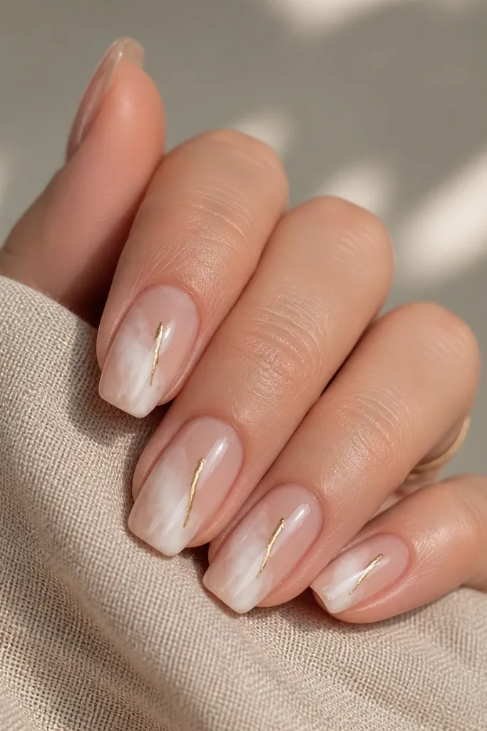 Long squoval nails with a sheer nude base and a soft white watercolor wash across the center. A thin gold drip line starts near the top of the wash and trails down slightly. Glossy top coat.