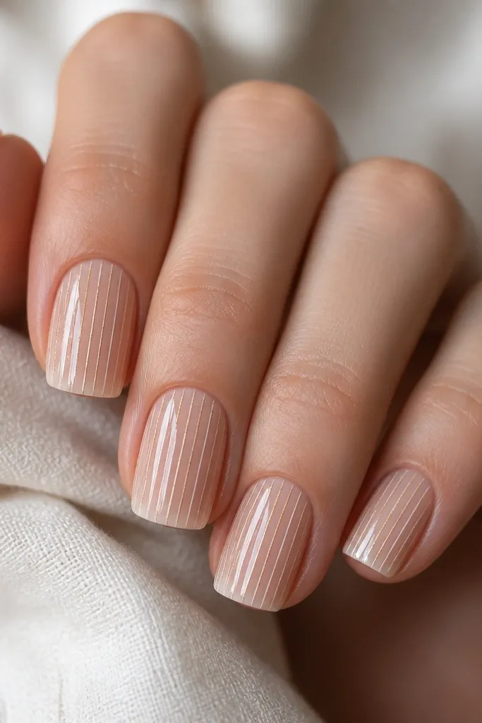 Short squoval nails with a sheer nude base. In the center there are vertical lines that fade from gold near the cuticle into white toward the tip. The lines are thin and evenly spaced. Glossy top coat.