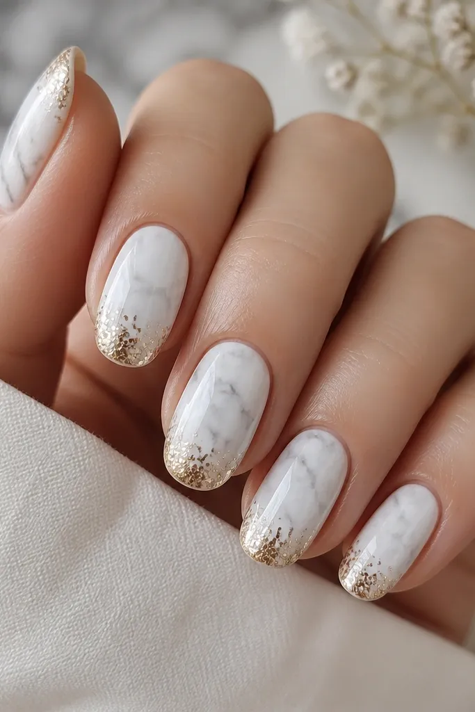 Medium oval nails with a glossy white marble base made from soft gray swirls. Near the tip there's a small "cap" of gold speckles concentrated at the free edge. Glossy top coat makes it look smooth.