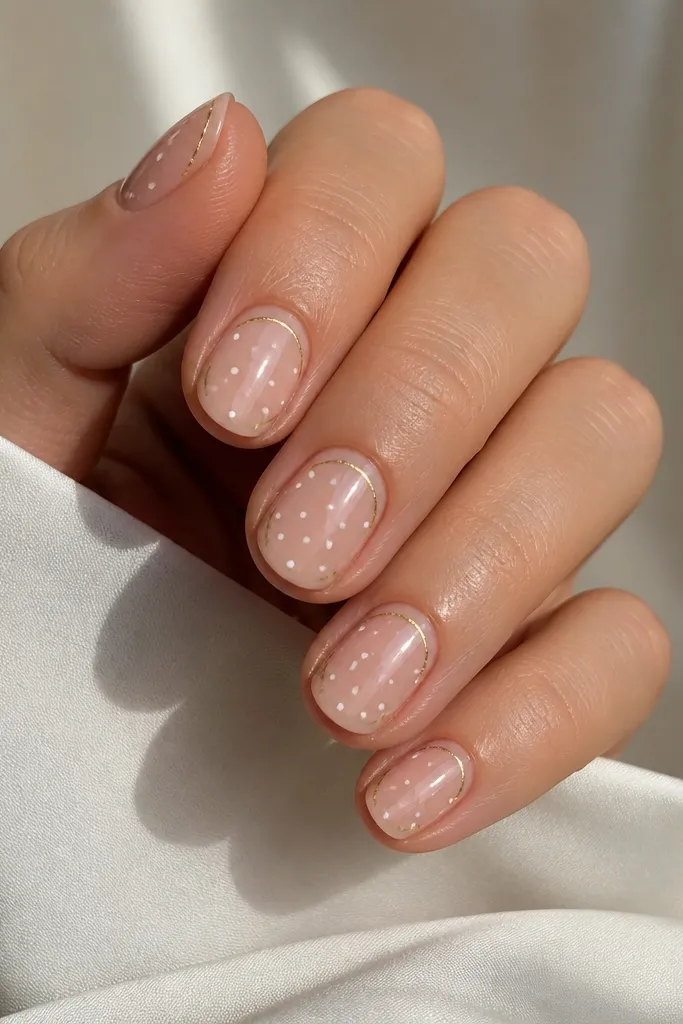 Short round nails with a nude base. The nails have tiny white micro polka dots scattered evenly. On the top half near the tip, there's a thin gold half-moon line. Glossy finish.