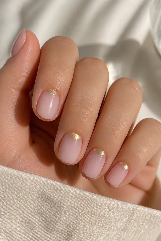 Short rounded nails painted sheer milky pink. At the cuticle, each nail has a tiny gold half-moon chrome shape, like a thin crescent hugging the nail bed. Glossy top coat, no other art.