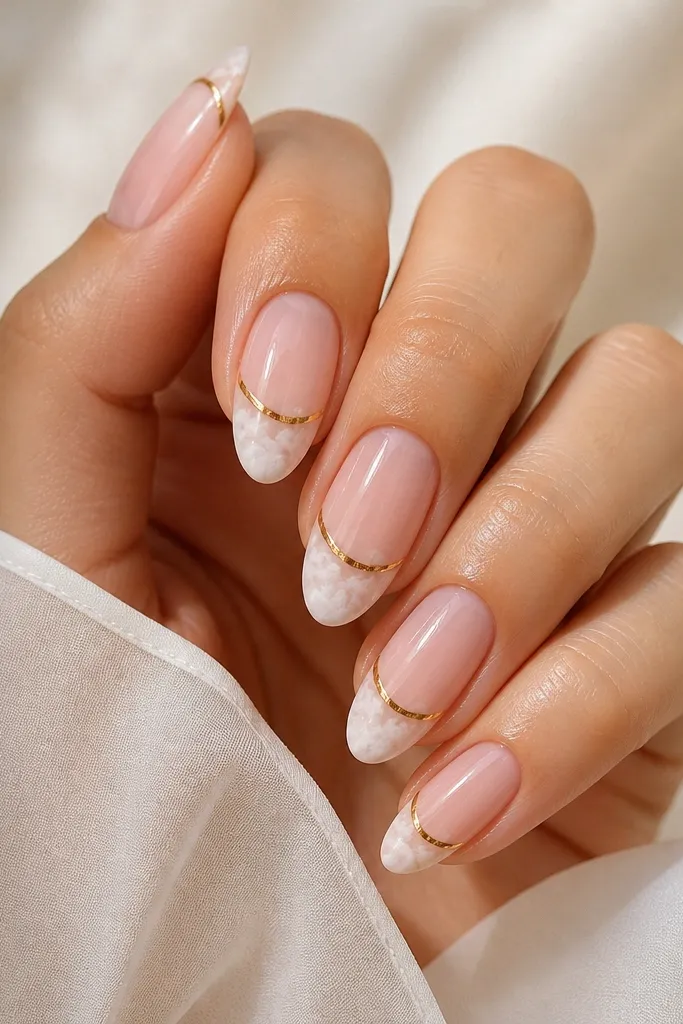 Medium almond nails with sheer pink base. French tips are white but feathered like small clouds. A thin gold line runs just under the smile area across each nail, glossy and even.
