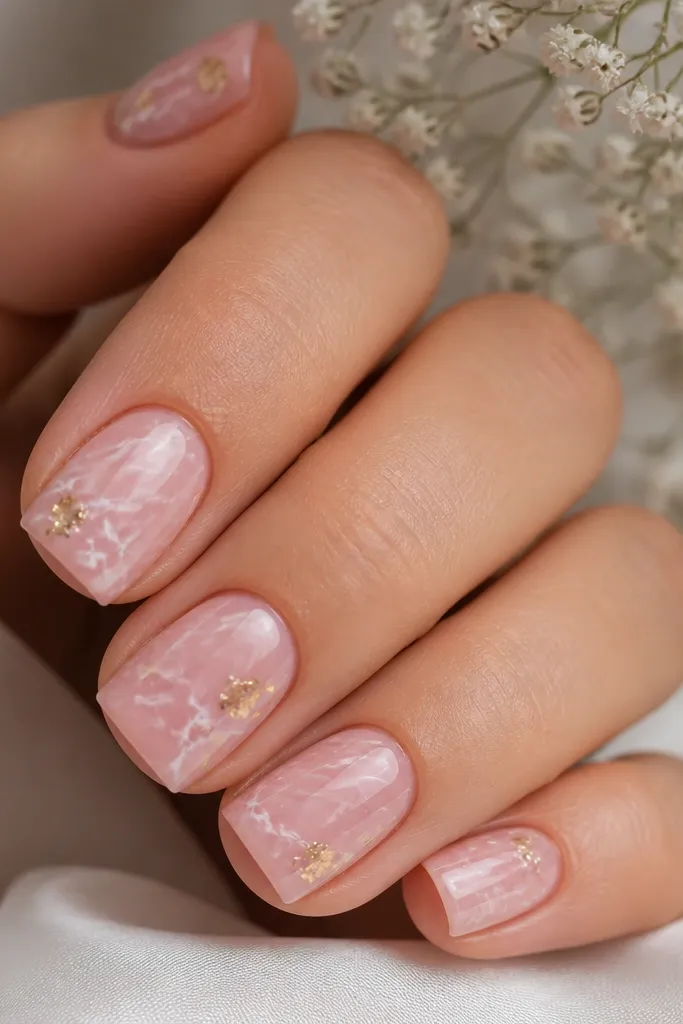 Square short nails. Each nail has soft pink marbling with thin white veins that branch like marble. A few tiny gold leaf pieces sit randomly near the veins, with glossy finish.