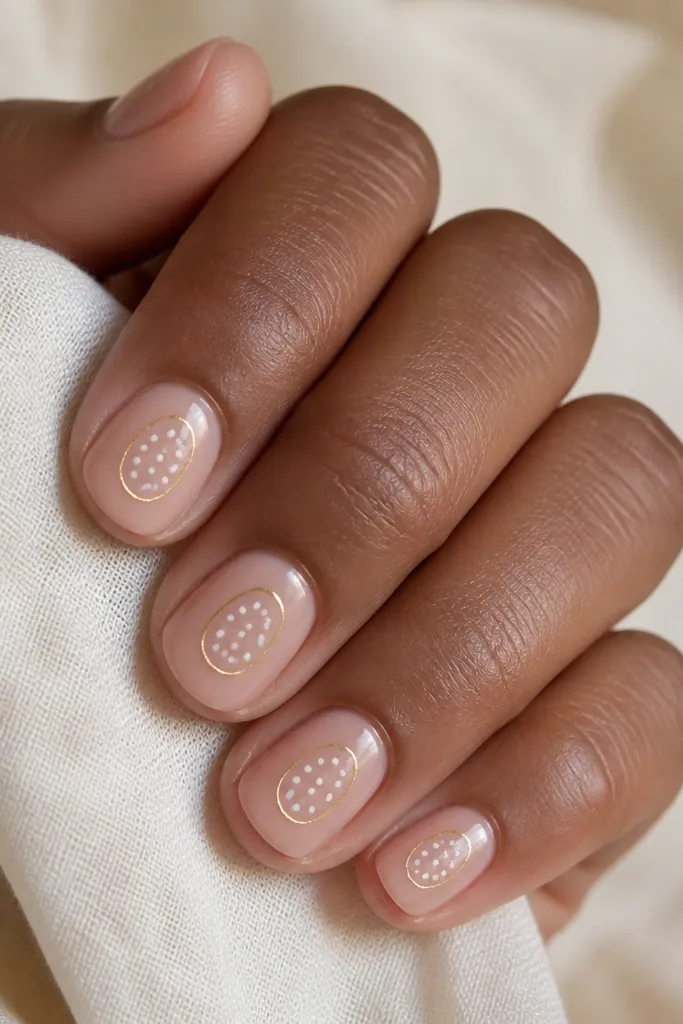 Short rounded nails in sheer nude pink. On each nail, there's a cluster of small white dots near the center. A thin gold outline runs around the dot cluster shape like a tiny badge.