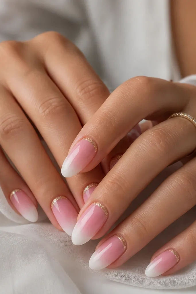 Medium almond nails with pink ombré fading into white at the tips. Near the cuticle, there's a thin glitter gold band across each nail. Glossy finish, smooth gradient.