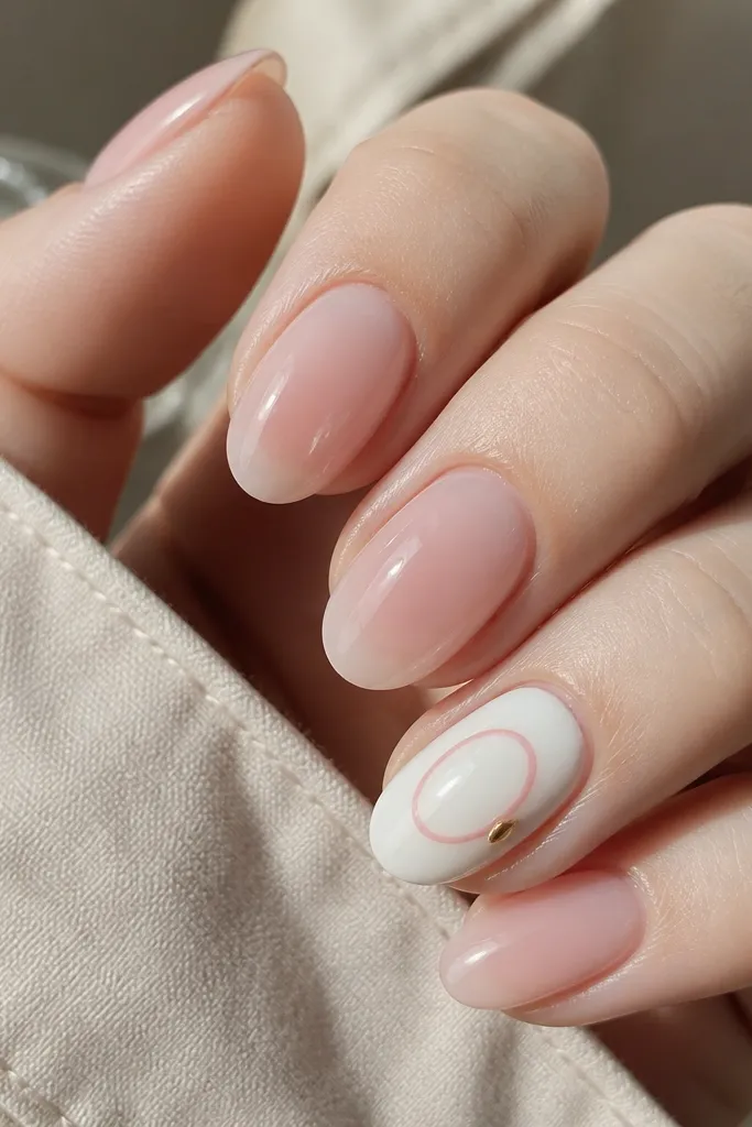 Four nails are sheer pink. One accent nail is painted opaque white with a thin halo ring in pale pink around the center. A tiny gold drip sits near the halo ring. Glossy top coat.
