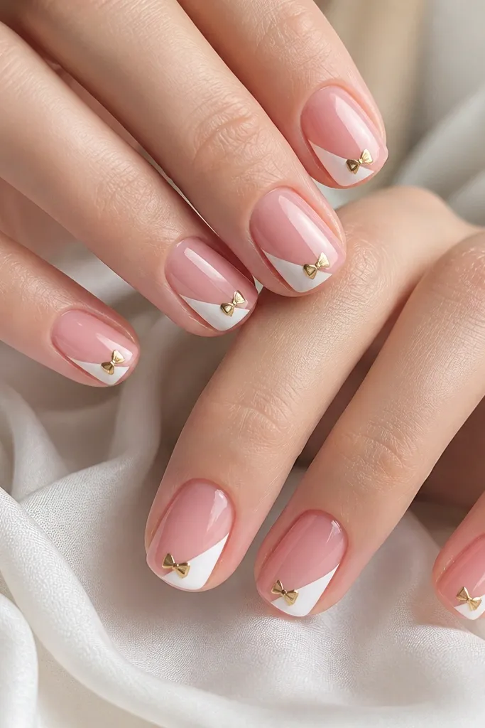 Short square nails in glossy pink. Each nail has a diagonal white stripe across one side. At the lower corner of the stripe, there's a small gold bow shape made of foil or gel. Pink is glossy, white is opaque.