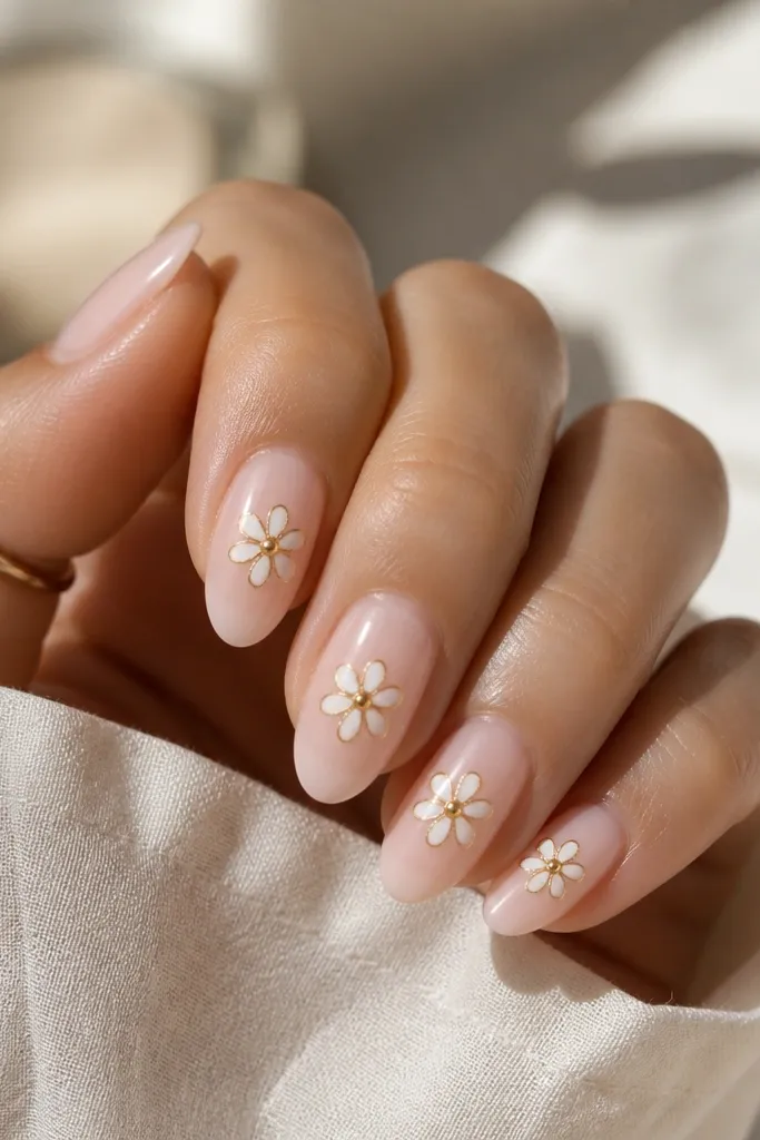 Medium almond nails. Base is milky pink. Each nail has a small white flower in the center with five petals. The petals have a thin gold outline, and everything is glossy.