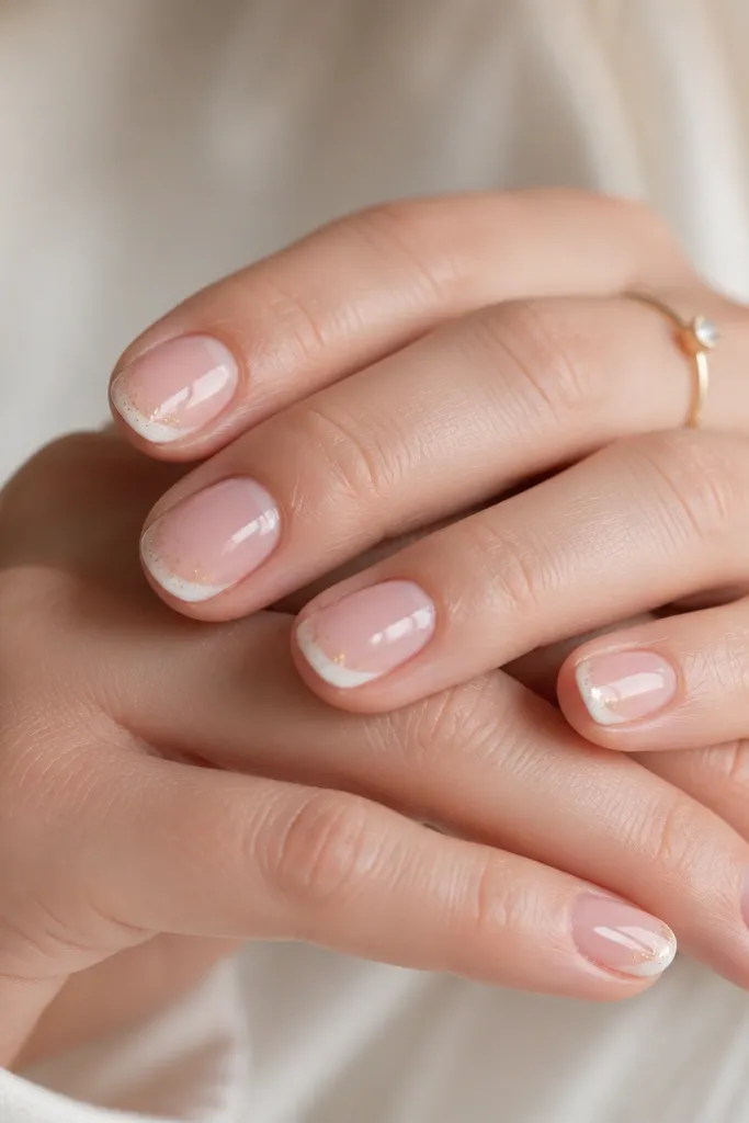 Short rounded nails with sheer pink base. French tips are white with a slightly translucent overlay so the edges look soft. A few tiny gold speckles appear near the tip on each nail. Glossy finish.