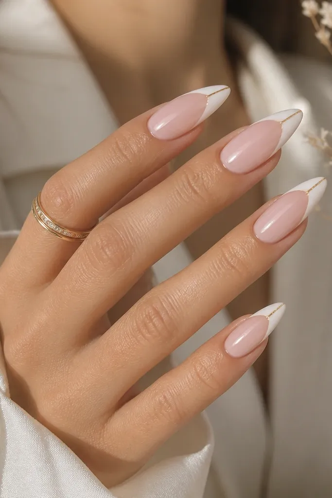 Long almond nails. Sheer pink base. Tips are shaped like a V with white polish, leaving a small gap in the center. A thin gold line runs down the center of the V. Glossy top coat.