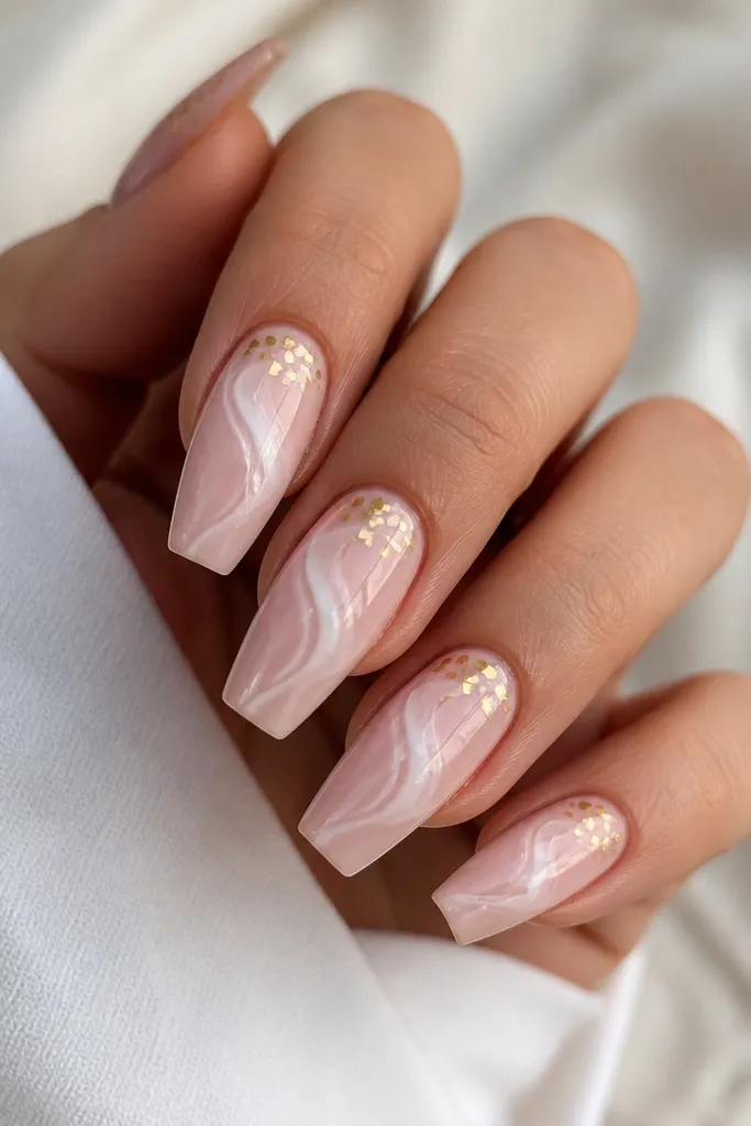 Medium coffin nails. Base is blush pink. Each nail has a swirling highlight pattern in white across the middle. In the top corner near the sidewall, there are small gold foil squares. Glossy finish.
