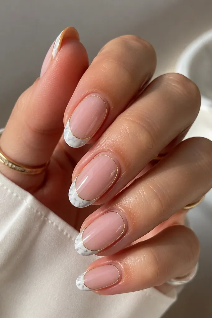 Short almond nails. Sheer pink base. French tips are white marble with light grayish movement and clean edges. A thin gold frame outlines each nail's outer perimeter near the cuticle and side edges. Glossy top coat.