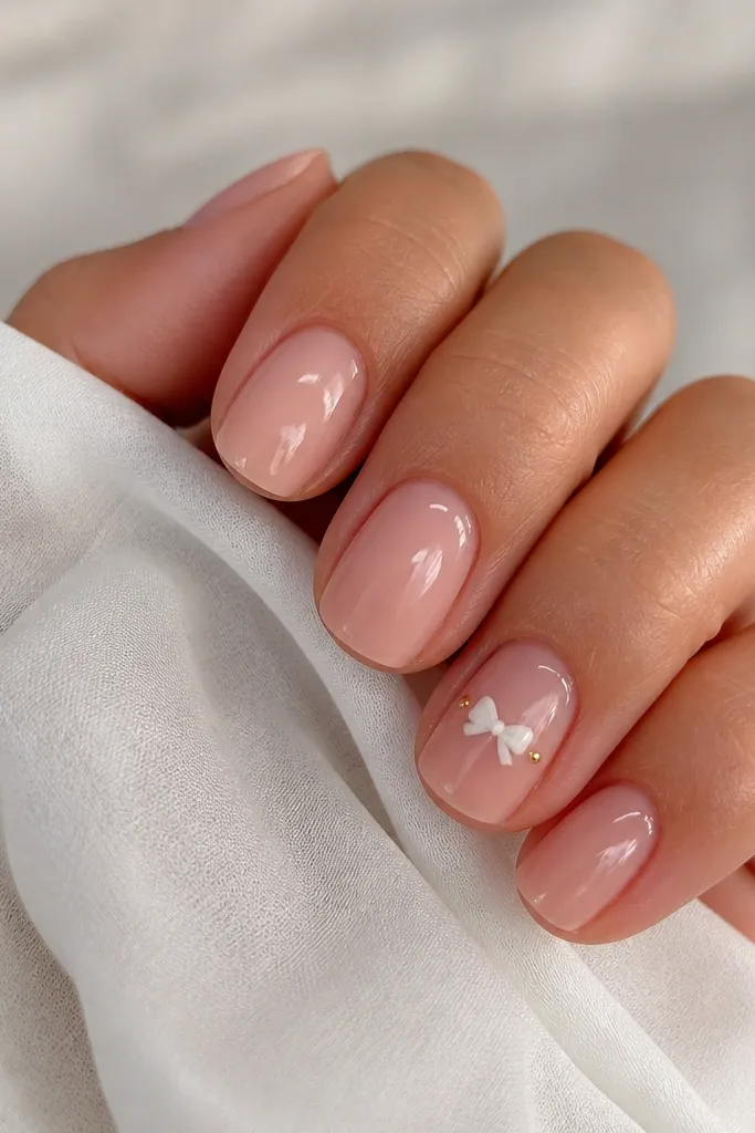 Short rounded nails. Most nails are pink nude and glossy. One accent nail has a white bow tie centered near the middle, and two tiny gold studs sit on either side of the bow. Glossy top coat.