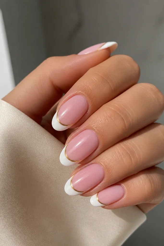 Medium almond nails with a soft pink gradient from cuticle to mid-nail. The tips are white half-moons (rounded caps) instead of full tips. A thin gold chrome line outlines the edge of the half-moons. Glossy finish.