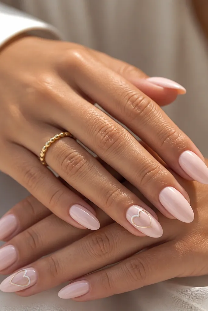 Almond nails with blush pink base. One or two nails have a heart outline made from negative space (clear center) with a white border. A thin gold line traces the top and sides of the heart. Glossy finish.