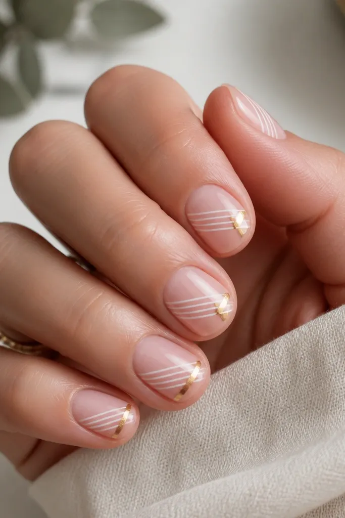 Short square nails with sheer pink base. White stamped line pattern runs diagonally across each nail. At the end of the stamped lines, a strip of gold foil tape sits like a tiny bookmark. Glossy finish.