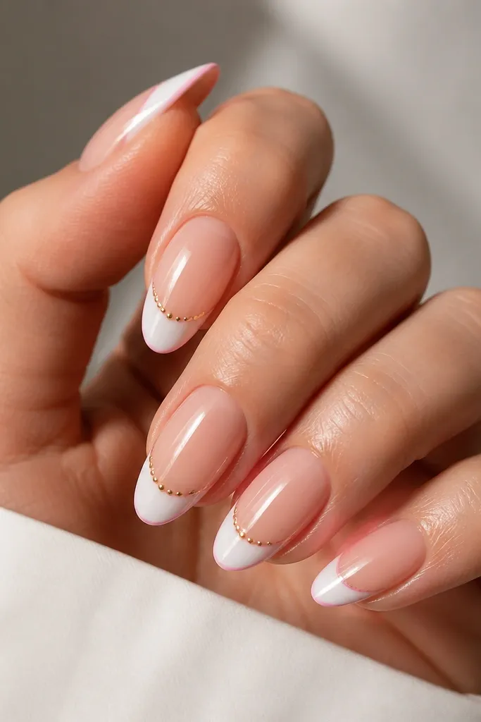 Medium almond nails. The tip is white, but there's a thin pink underlayer visible at the very edge. Along the smile area there's a short strip of tiny gold studs on two nails. Glossy top coat.