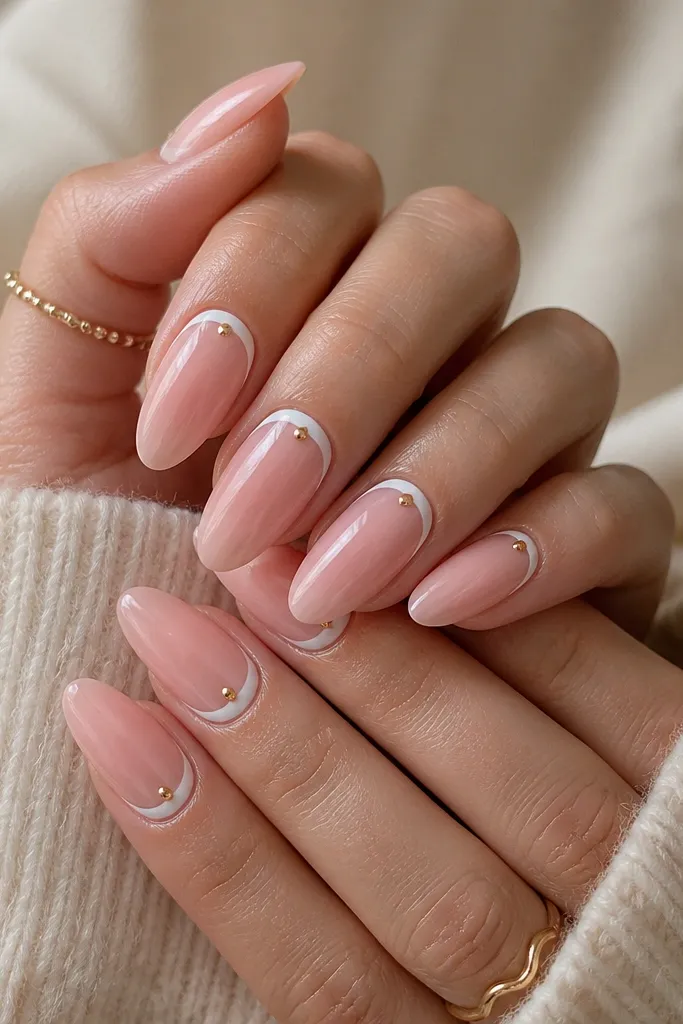 Almond nails with a soft pink ombré fade. Instead of white tips, there's a white reverse French around the cuticle area in a thin arc. A small gold charm-like dot sits at the center of the reverse arc. Glossy finish.