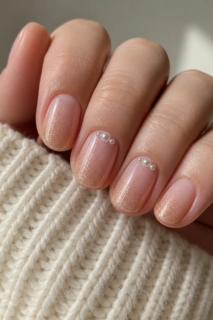 Short rounded nails with sheer pink. Two nails have tiny white pearl dots clustered near the cuticle. All nails have a fine dusting of gold micro chrome shimmer on the lower half. Glossy finish.