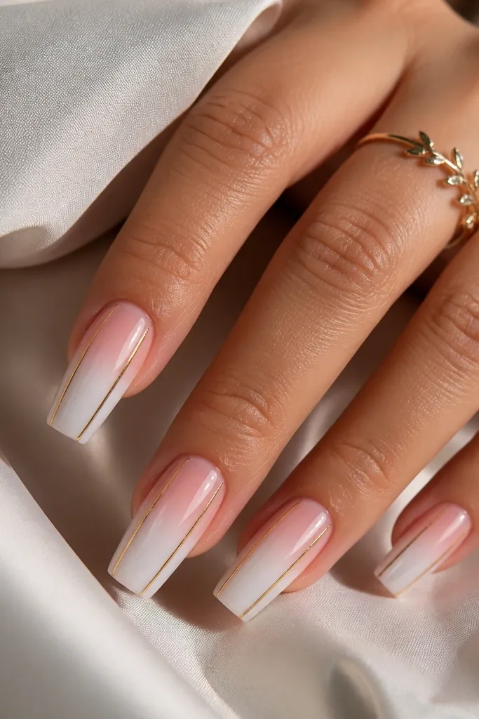 Medium coffin nails. Tips are glossy white lacquer. The cuticle area has a pink glow fade upward. Thin gold lines run down each side of the nail near the center. Glossy finish.