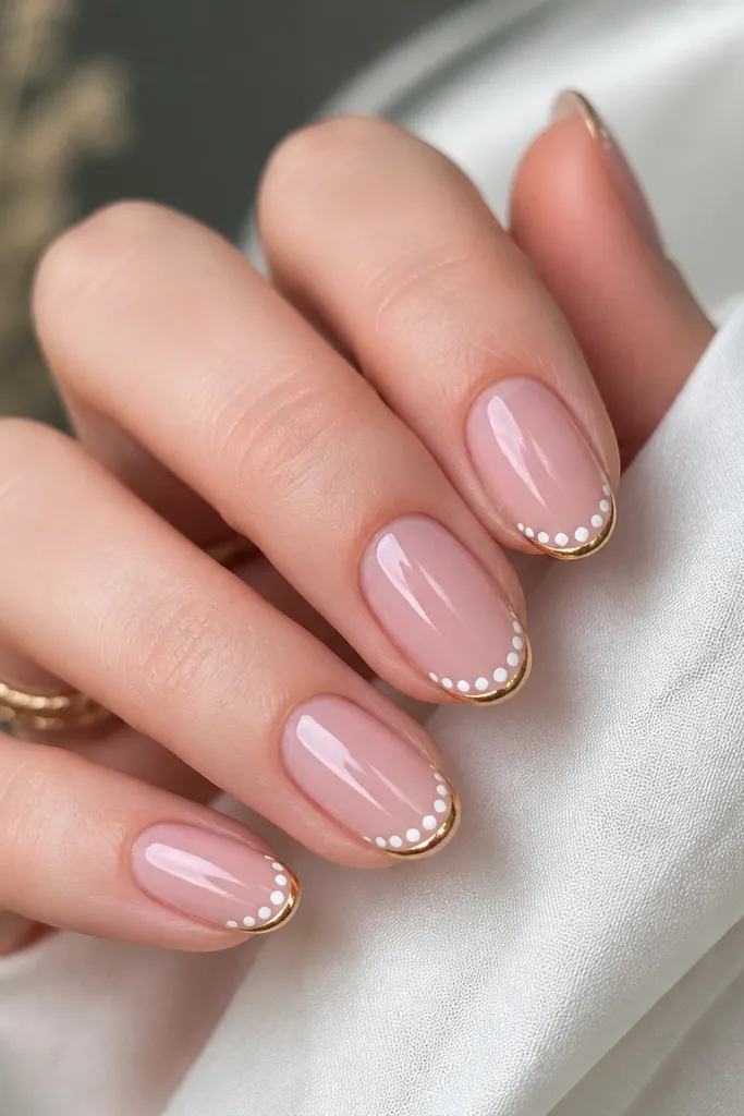 Short almond nails with glossy pink base. French tips are formed with a row of white dots instead of a solid line. On the very tip edge, there's a thin gold chrome cap. Glossy finish.