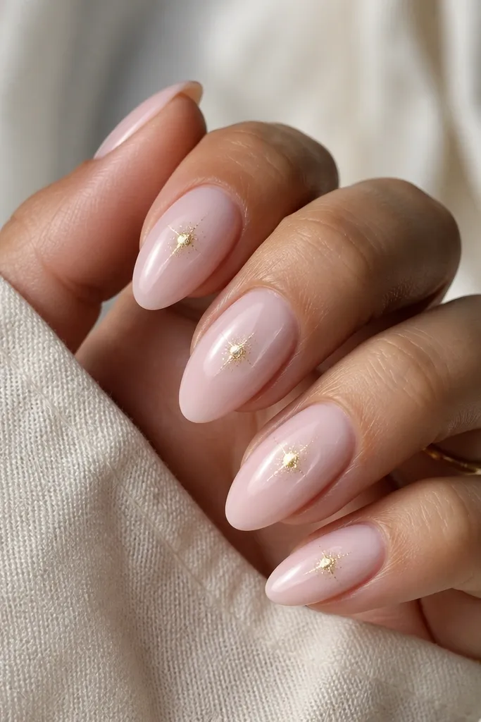 Almond nails in milky pink. Each nail has a soft white aura ring around the center area, like a glowing circle. A tiny gold sparkle cluster sits in the middle of the ring. Glossy finish.