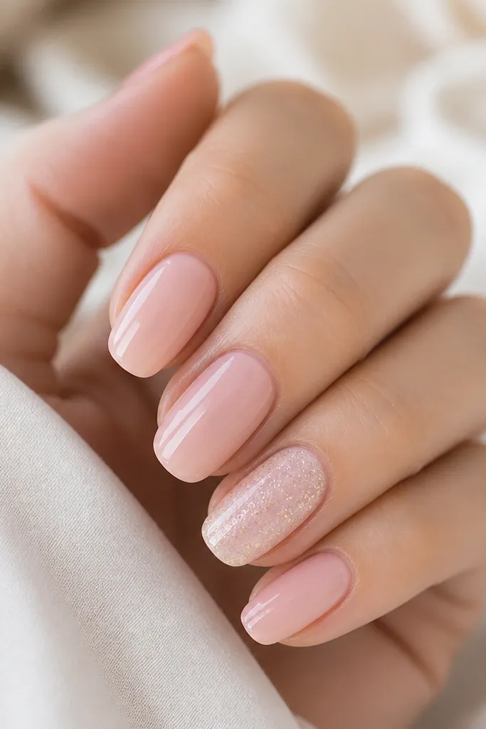 Five nails are sheer pink and glossy. One accent nail has a scattered confetti mix of white micro dots and gold glimmer across the whole nail. The accent nail still looks soft and pastel, not chunky.