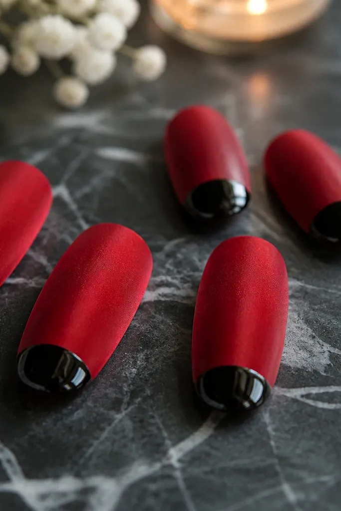 Five nails show a red base with crisp half-moon cutouts near the cuticle, black glossy tips on the free edge, and a thin white line separating red and black. One accent nail has a tiny black heart near the cuticle.