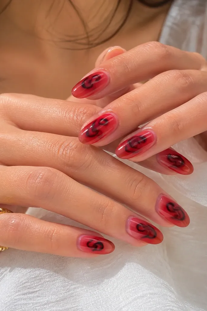 Nails have a soft milky-white base. Over it, a translucent cherry red jelly is layered, and black glossy swirls sit at the center of each nail like ink strokes.