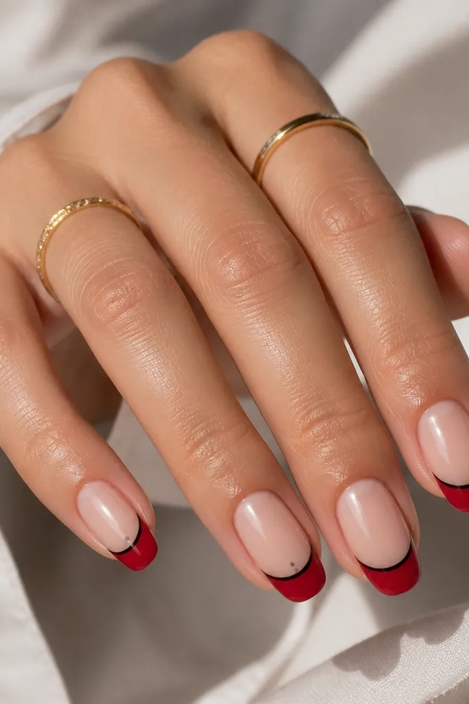 Classic French tips are painted red on a sheer nude base. A thin black line runs parallel to the French edge, and a single tiny black dot sits at the smile line on the ring finger.