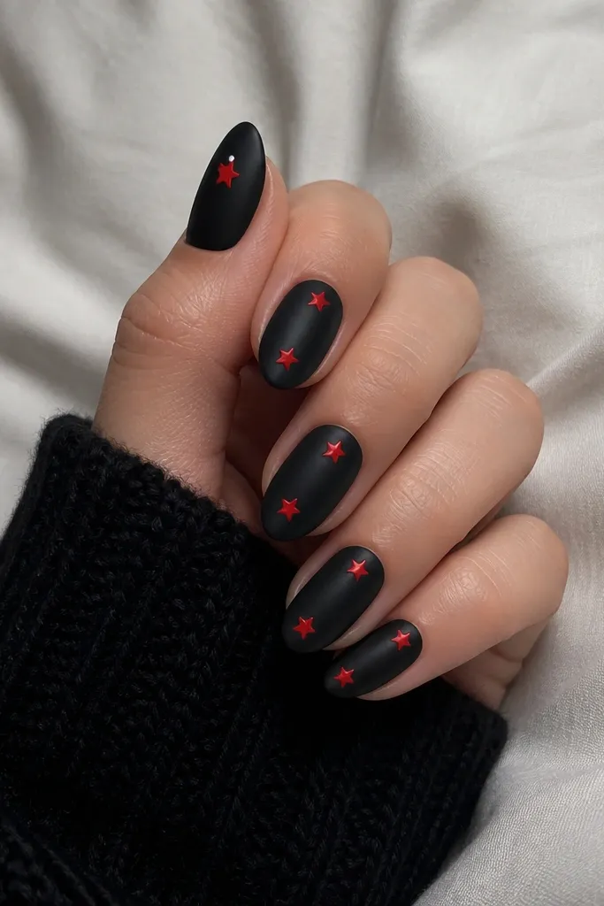All nails are matte black. Each nail has two small glossy red stars - one near the cuticle and one near the free edge - with a tiny white dot sparkle on the thumb.