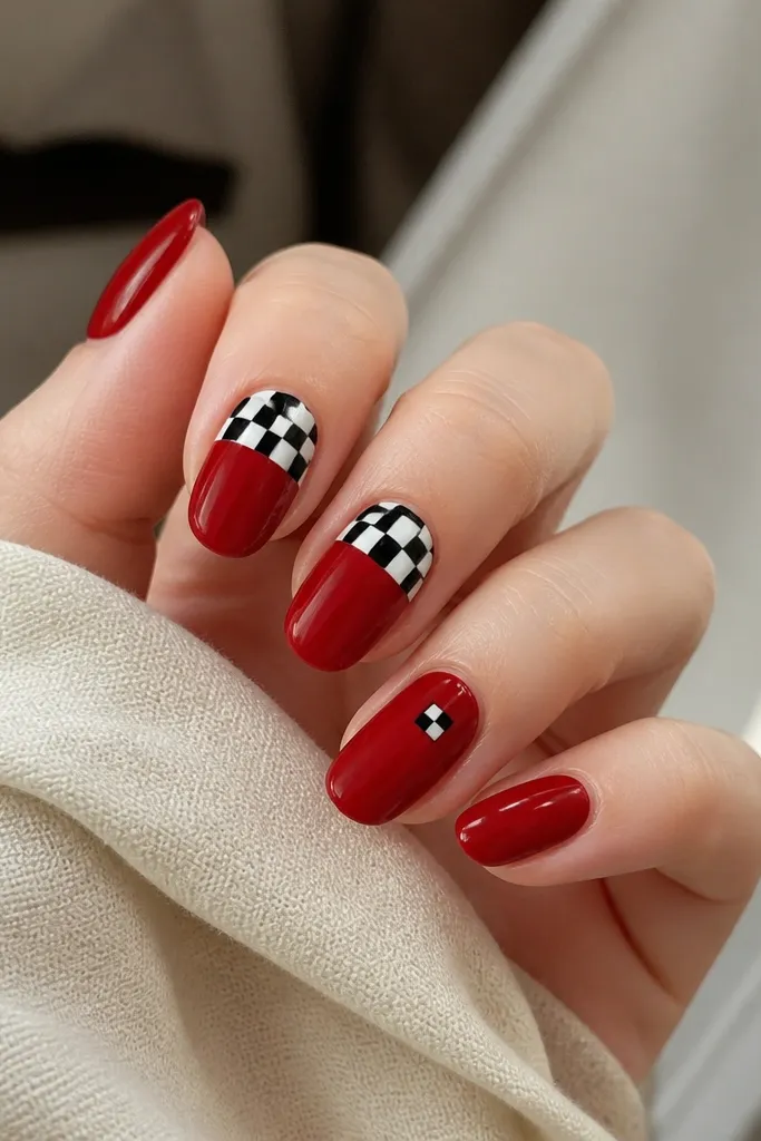 Most nails are solid cherry red with glossy finish. The index and middle nails have a black-and-white checker pattern on the tip area, and the ring nail has only a single checker square near the center.