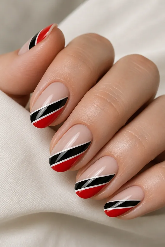 A nude base holds a bold diagonal slash across each nail. Half the slash is glossy black and the other half is bright red, separated by a thin white divider line.