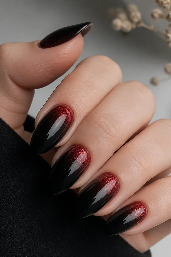 Nails have a deep glossy black base. A soft red glitter fade starts at the cuticle and fades toward the middle, leaving the free edge mostly black.
