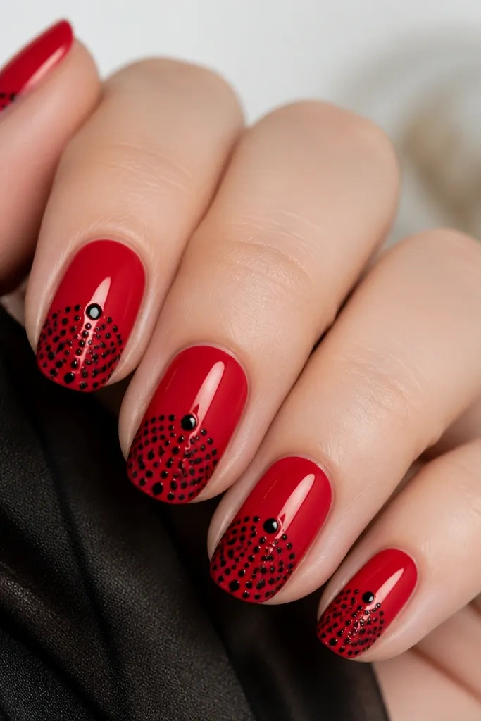A glossy red base covers most of the nail. Near the center and sides, black dot clusters form a lace-like pattern, with a single larger black dot at the top of the lace.
