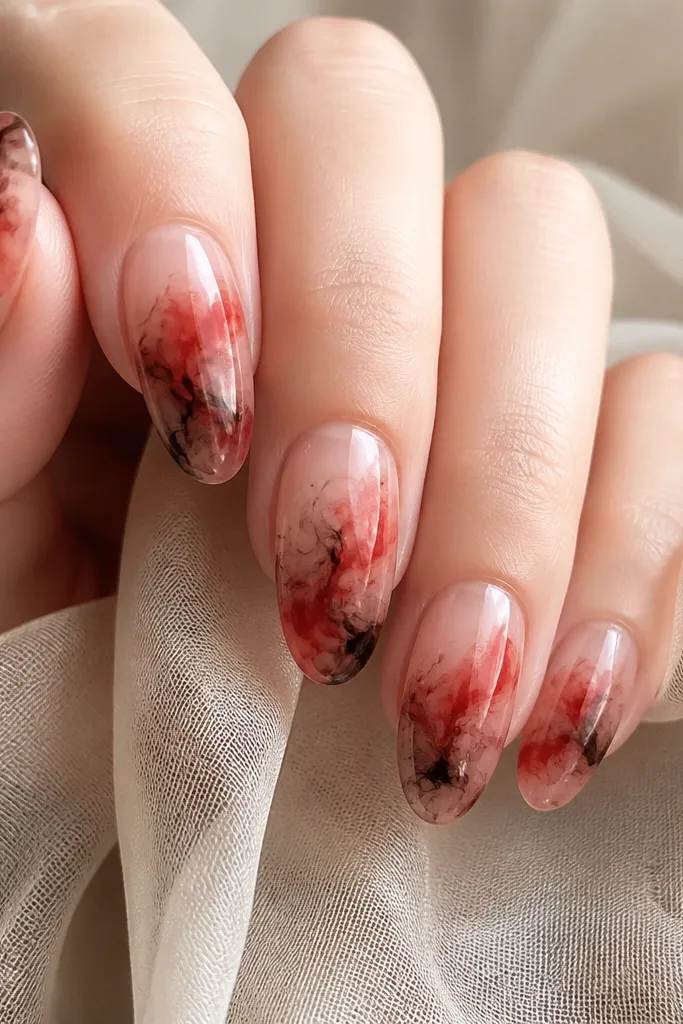 A sheer nude base with soft watercolor swirls. Red and black blend in a loose spiral across the nail, with no sharp edges.